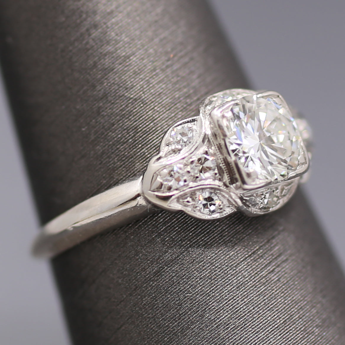 Late Art Deco Transitional Cut Diamond Scalloped Engagement Ring in Platinum