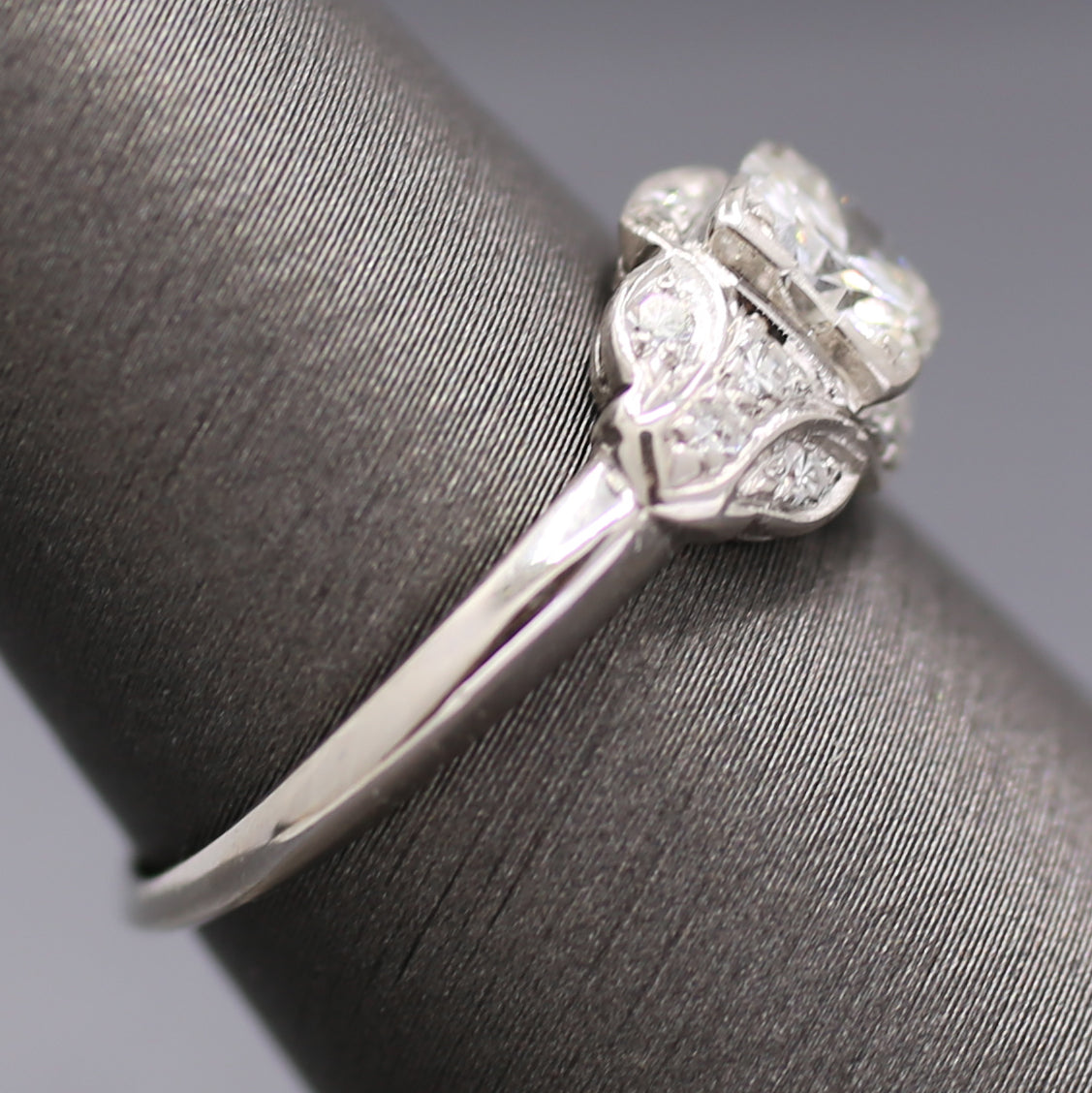 Late Art Deco Transitional Cut Diamond Scalloped Engagement Ring in Platinum