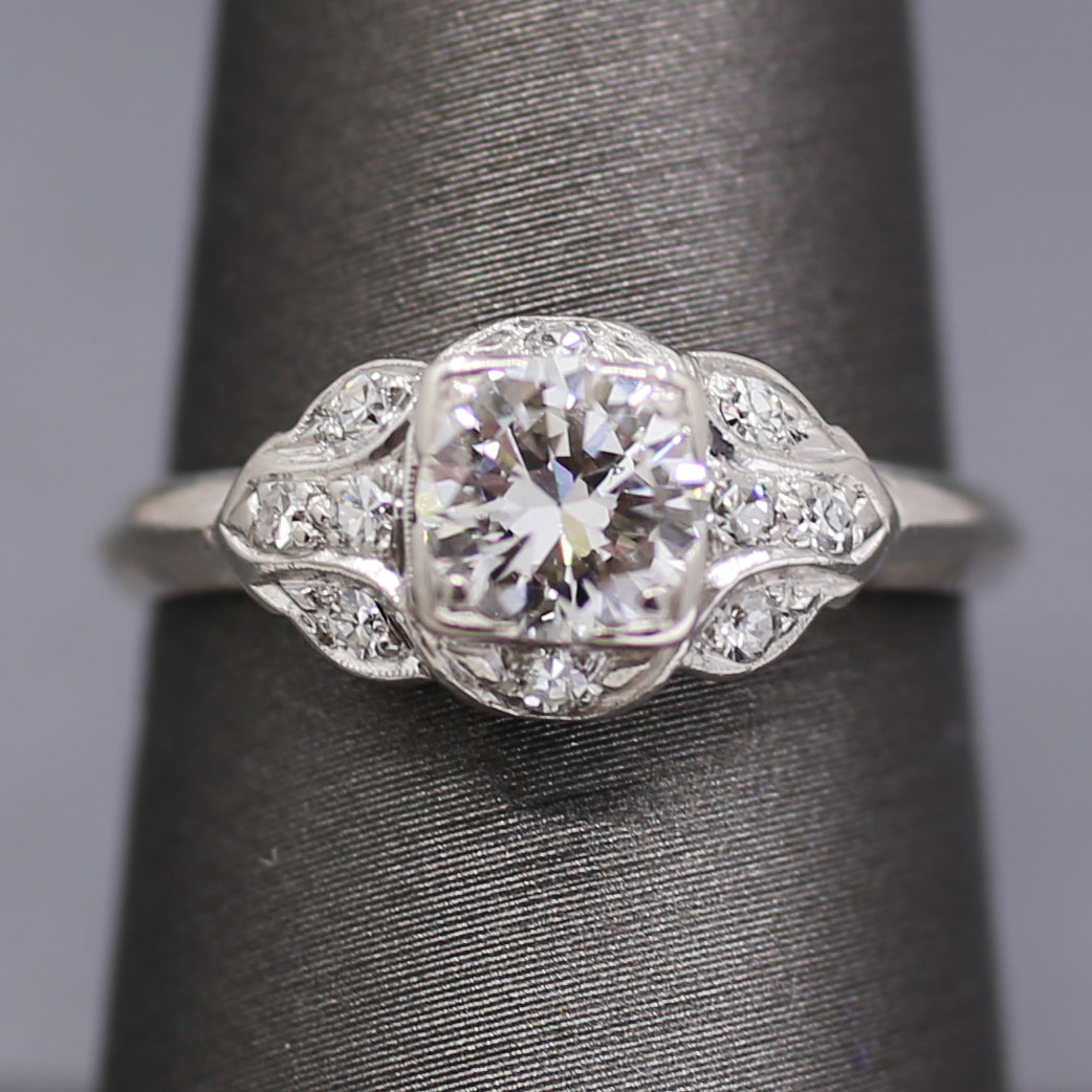 Late Art Deco Transitional Cut Diamond Scalloped Engagement Ring in Platinum