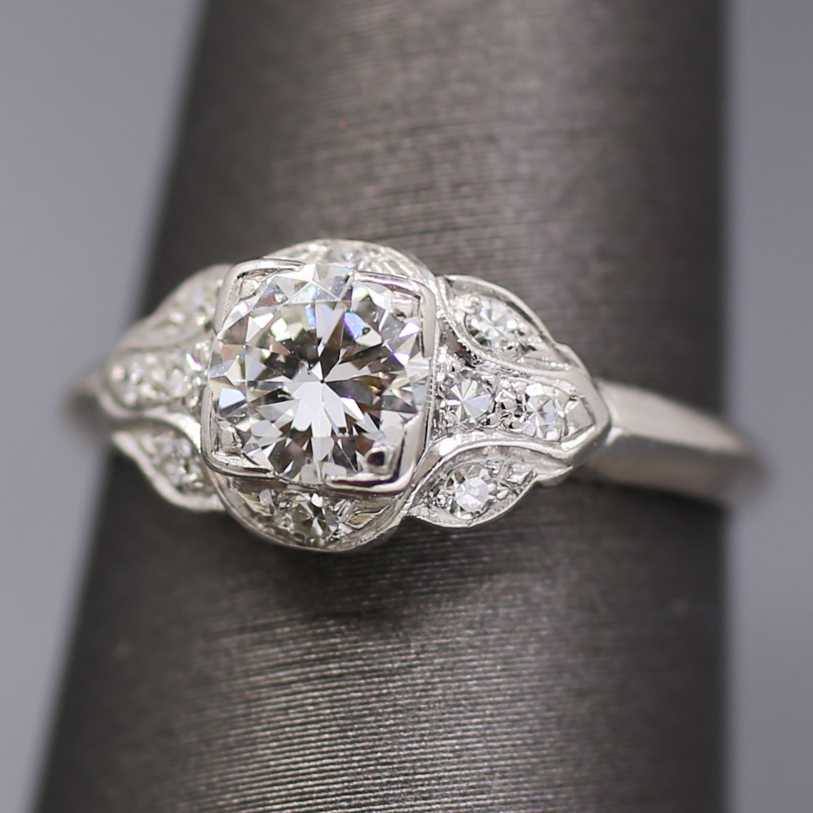 Late Art Deco Transitional Cut Diamond Scalloped Engagement Ring in Platinum