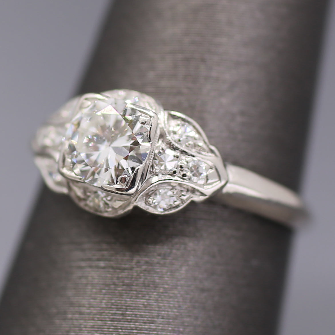 Late Art Deco Transitional Cut Diamond Scalloped Engagement Ring in Platinum