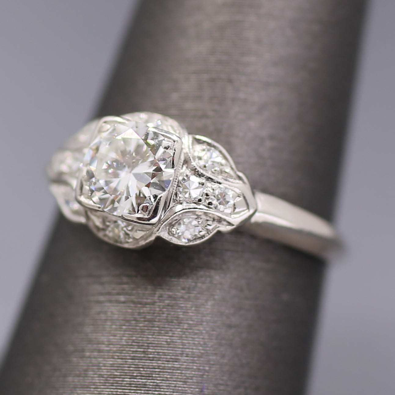 Late Art Deco Transitional Cut Diamond Scalloped Engagement Ring in Platinum