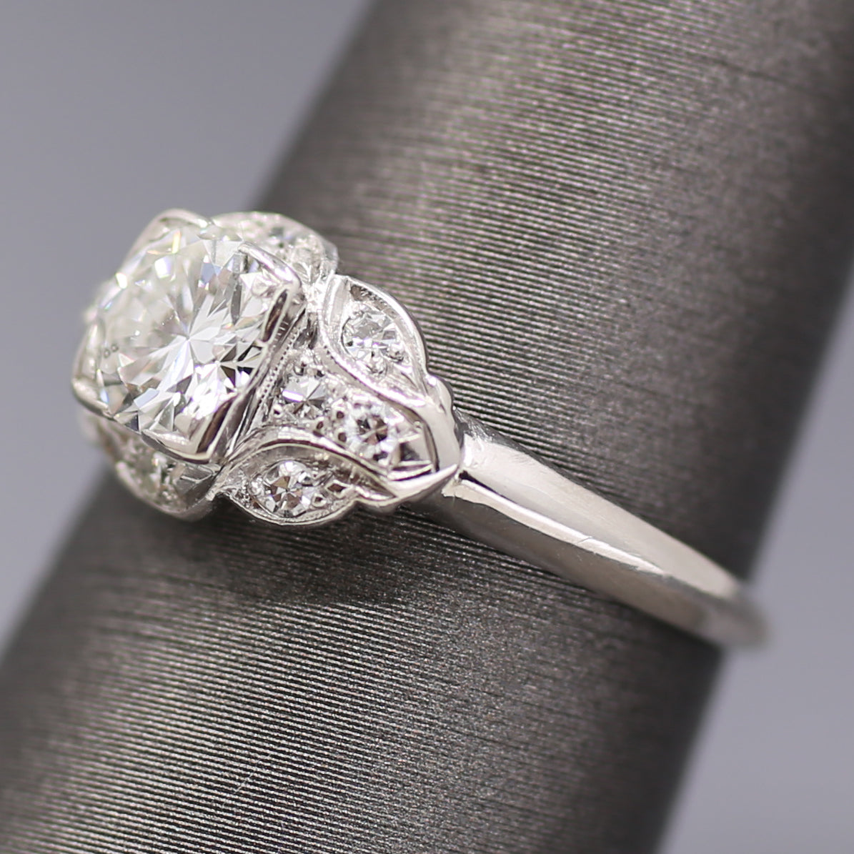 Late Art Deco Transitional Cut Diamond Scalloped Engagement Ring in Platinum