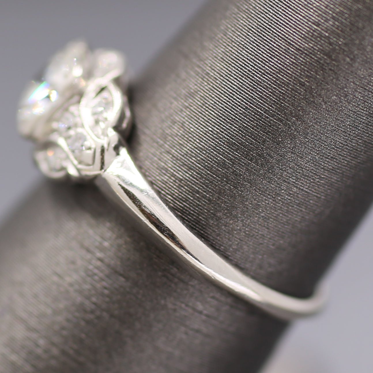 Late Art Deco Transitional Cut Diamond Scalloped Engagement Ring in Platinum