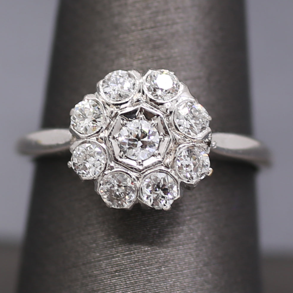 Old European Cut Diamond Daisy Target Cluster Ring in 18k White Gold