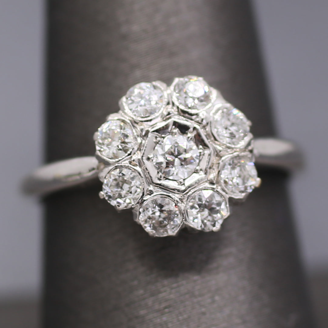 Old European Cut Diamond Daisy Target Cluster Ring in 18k White Gold