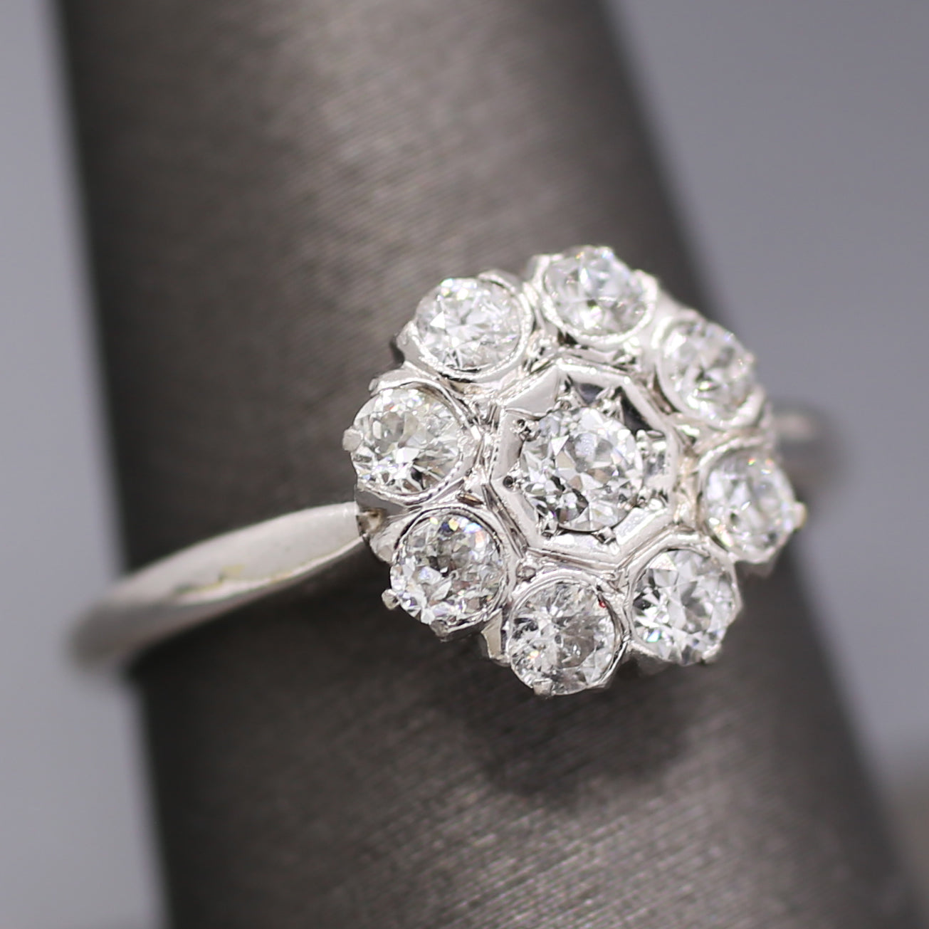 Old European Cut Diamond Daisy Target Cluster Ring in 18k White Gold