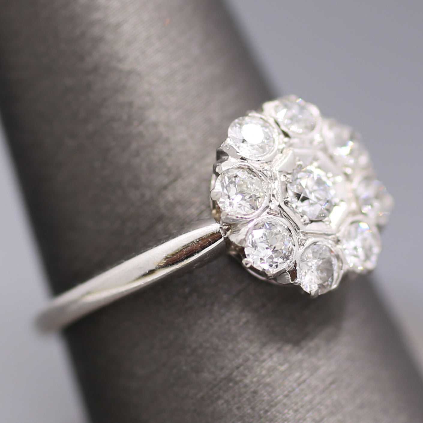 Old European Cut Diamond Daisy Target Cluster Ring in 18k White Gold