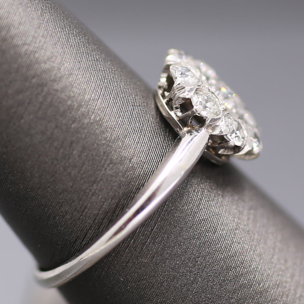 Old European Cut Diamond Daisy Target Cluster Ring in 18k White Gold