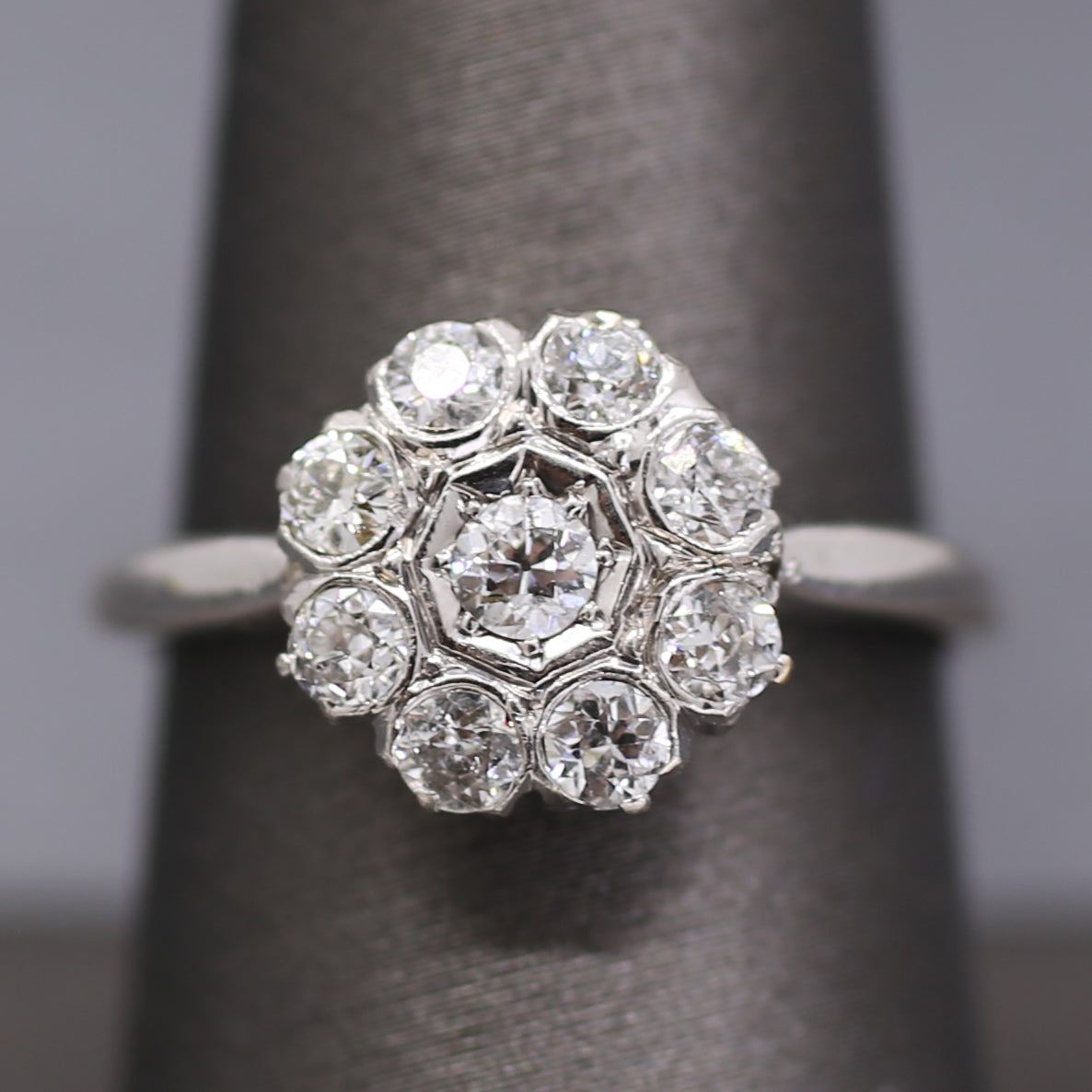 Old European Cut Diamond Daisy Target Cluster Ring in 18k White Gold