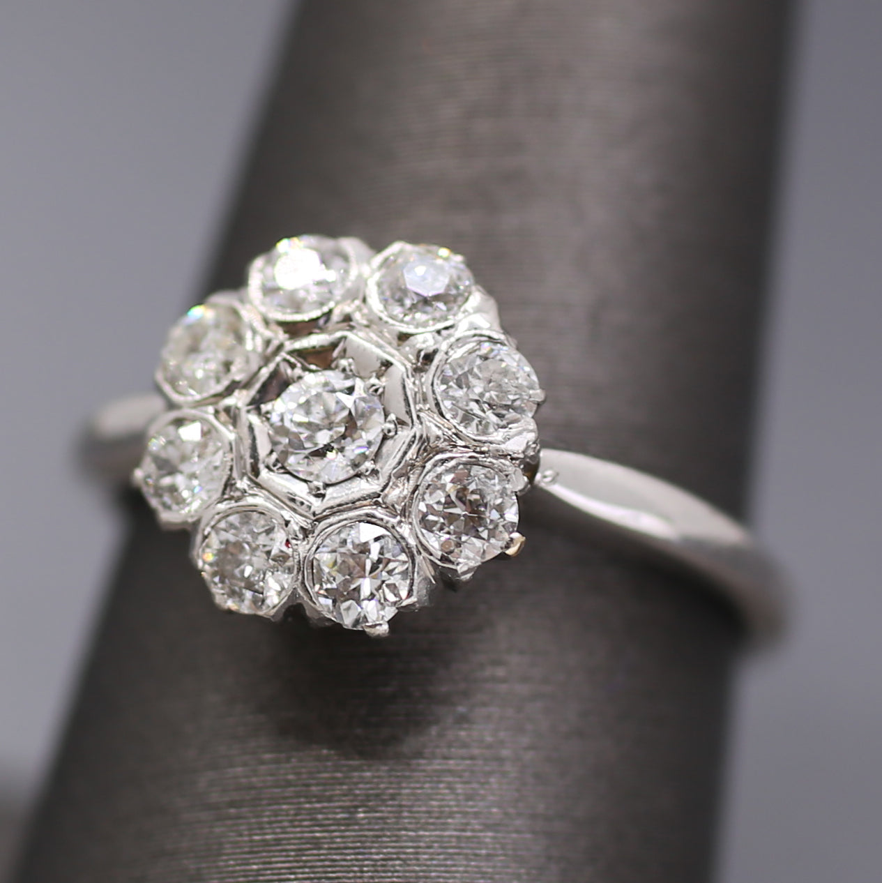 Old European Cut Diamond Daisy Target Cluster Ring in 18k White Gold