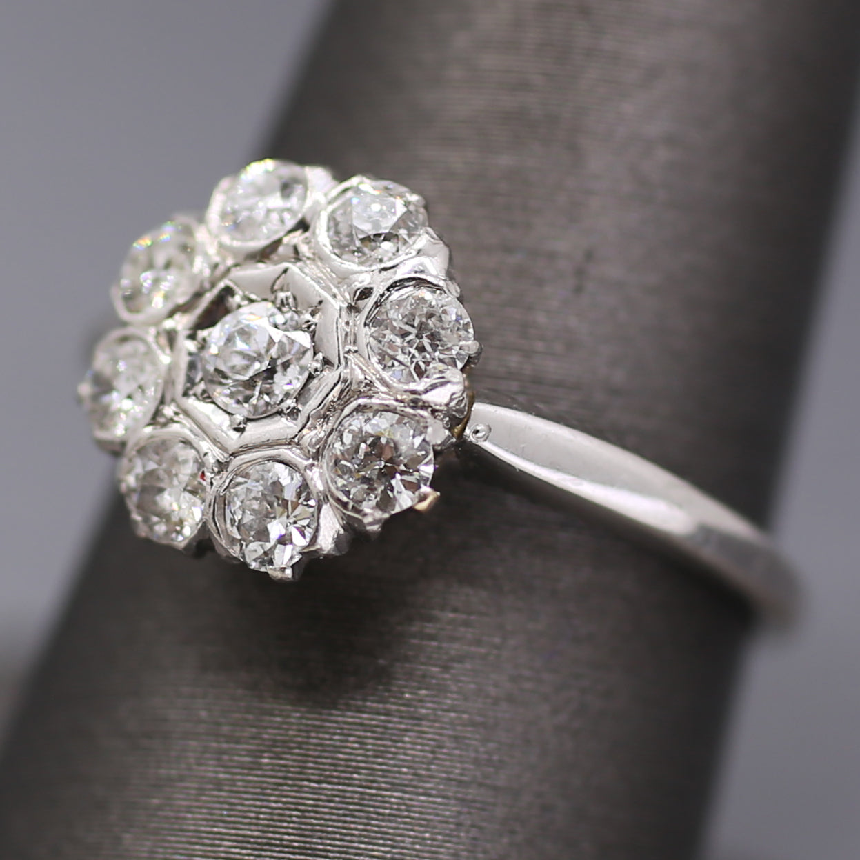 Old European Cut Diamond Daisy Target Cluster Ring in 18k White Gold