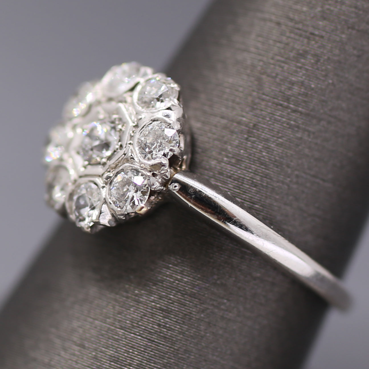 Old European Cut Diamond Daisy Target Cluster Ring in 18k White Gold