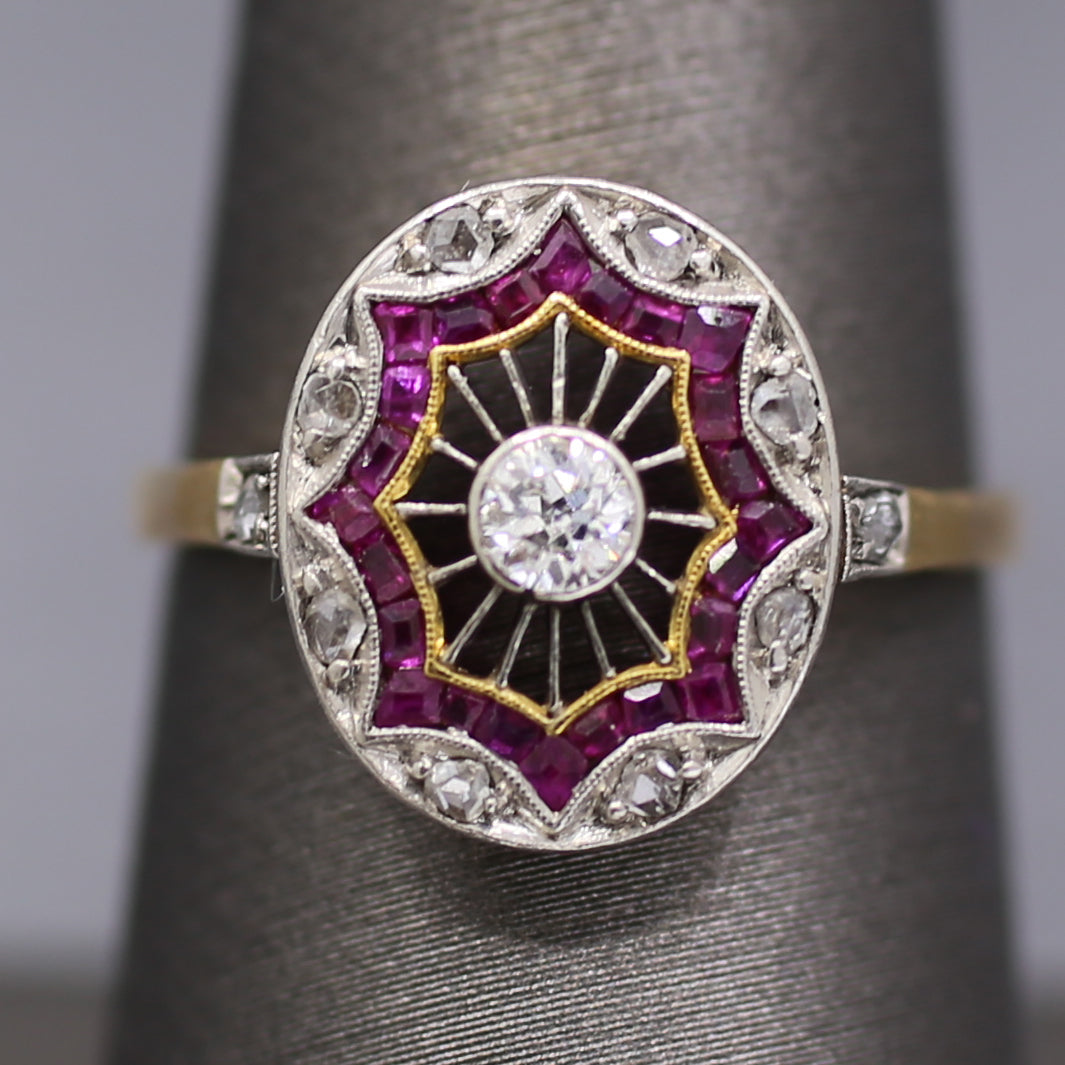 Edwardian Ruby and Old European Cut Diamond Wire Work Ring in 18k and Platinum