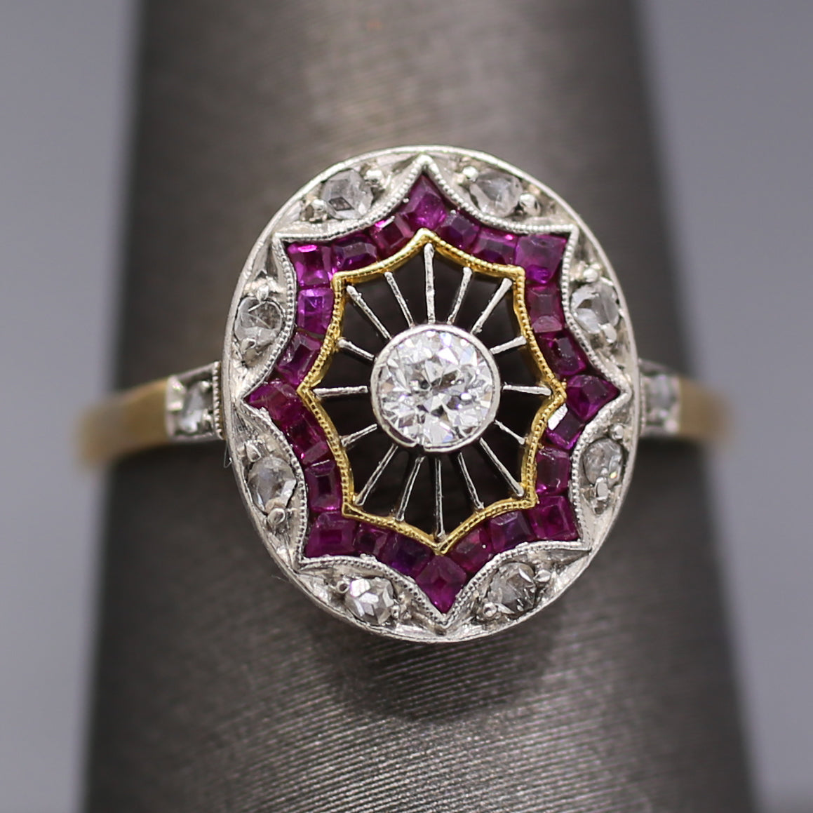 Edwardian Ruby and Old European Cut Diamond Wire Work Ring in 18k and Platinum