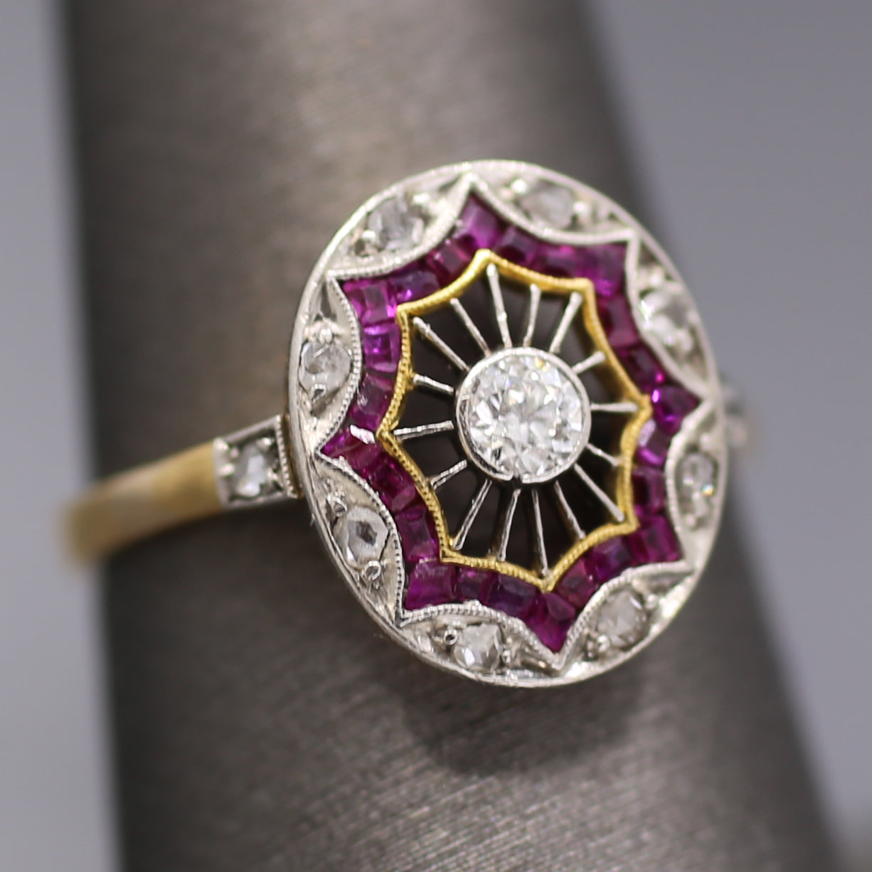 Edwardian Ruby and Old European Cut Diamond Wire Work Ring in 18k and Platinum