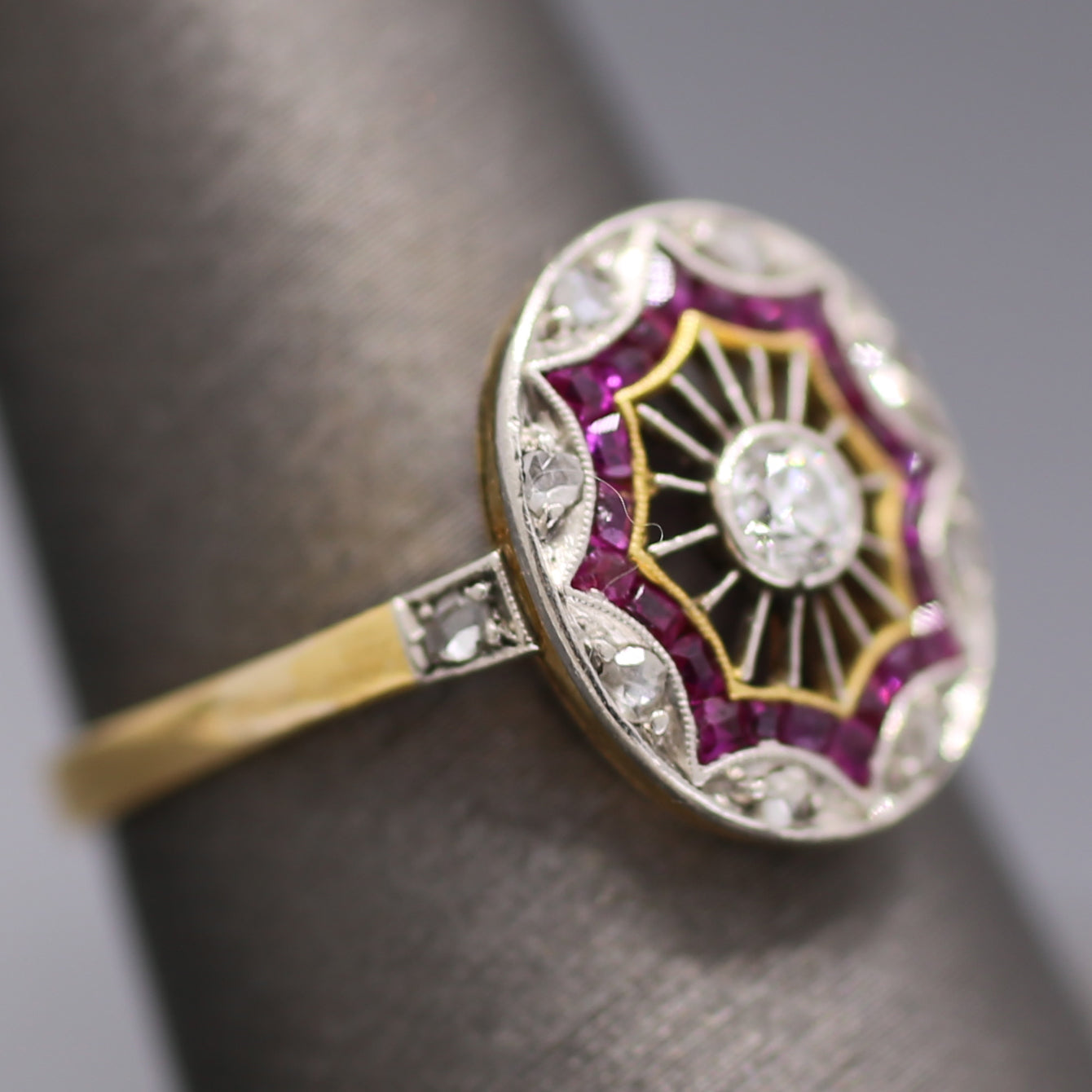 Edwardian Ruby and Old European Cut Diamond Wire Work Ring in 18k and Platinum