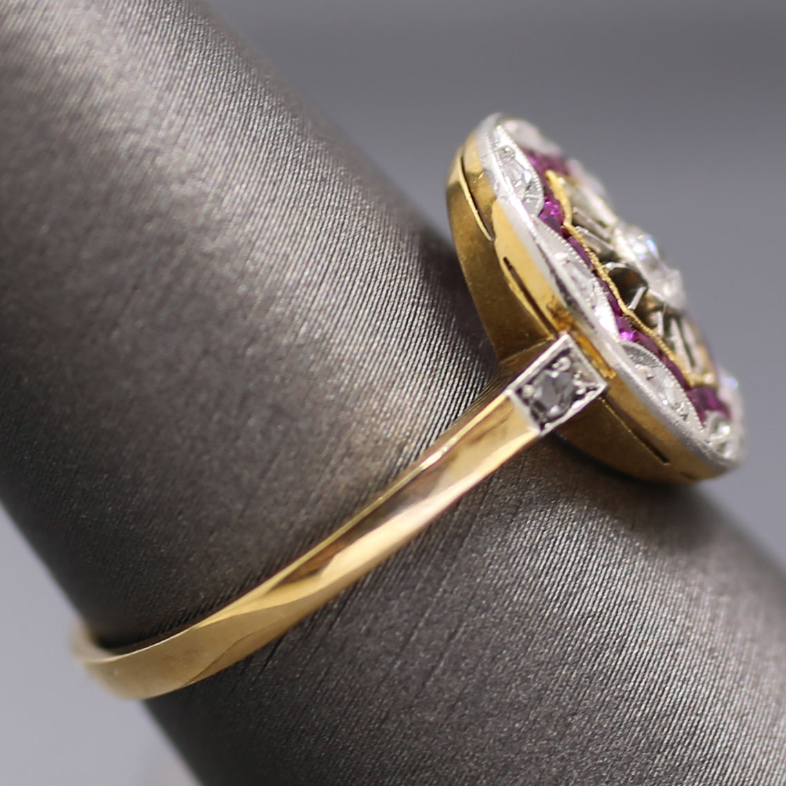 Edwardian Ruby and Old European Cut Diamond Wire Work Ring in 18k and Platinum