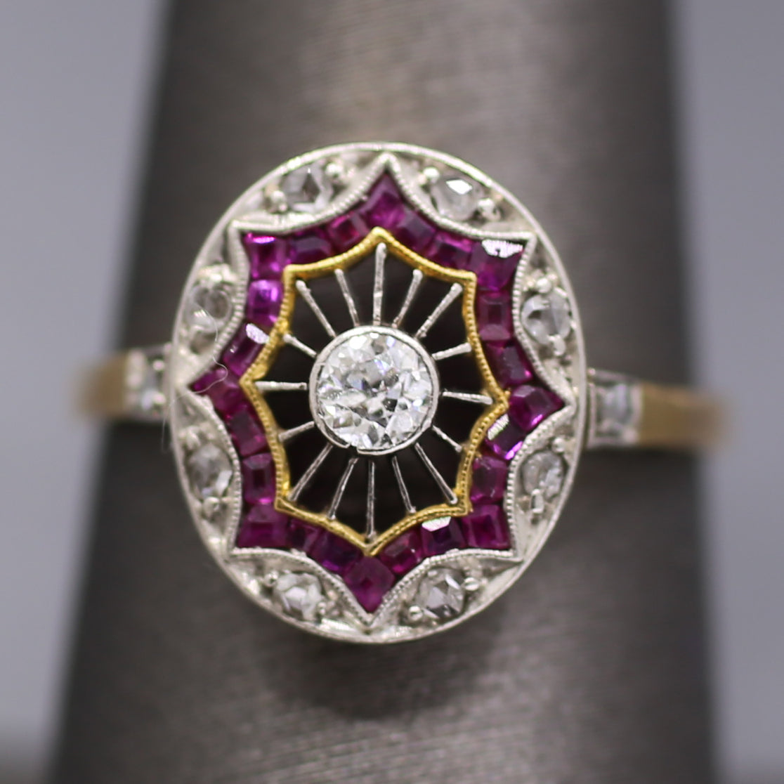 Edwardian Ruby and Old European Cut Diamond Wire Work Ring in 18k and Platinum