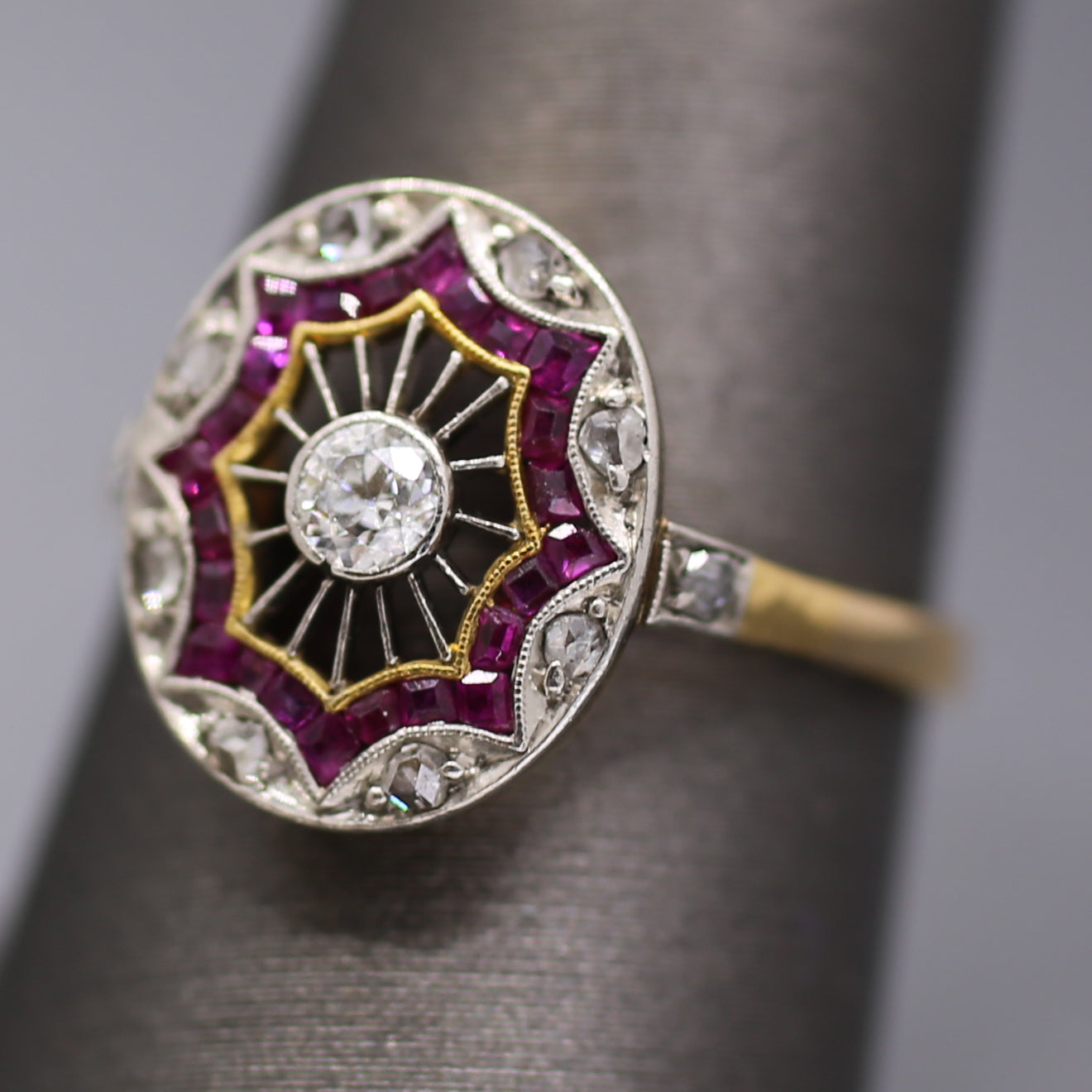 Edwardian Ruby and Old European Cut Diamond Wire Work Ring in 18k and Platinum