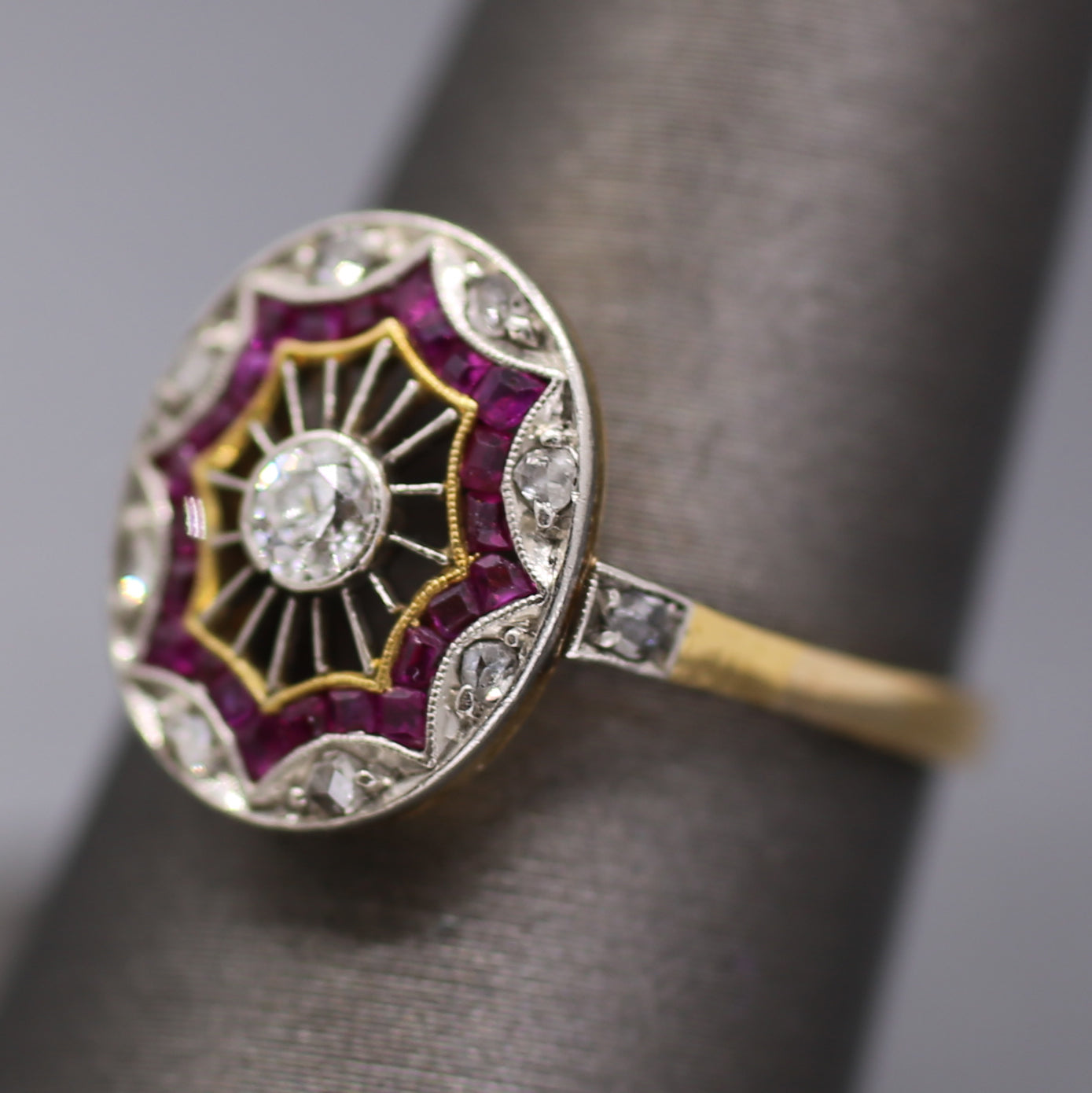 Edwardian Ruby and Old European Cut Diamond Wire Work Ring in 18k and Platinum