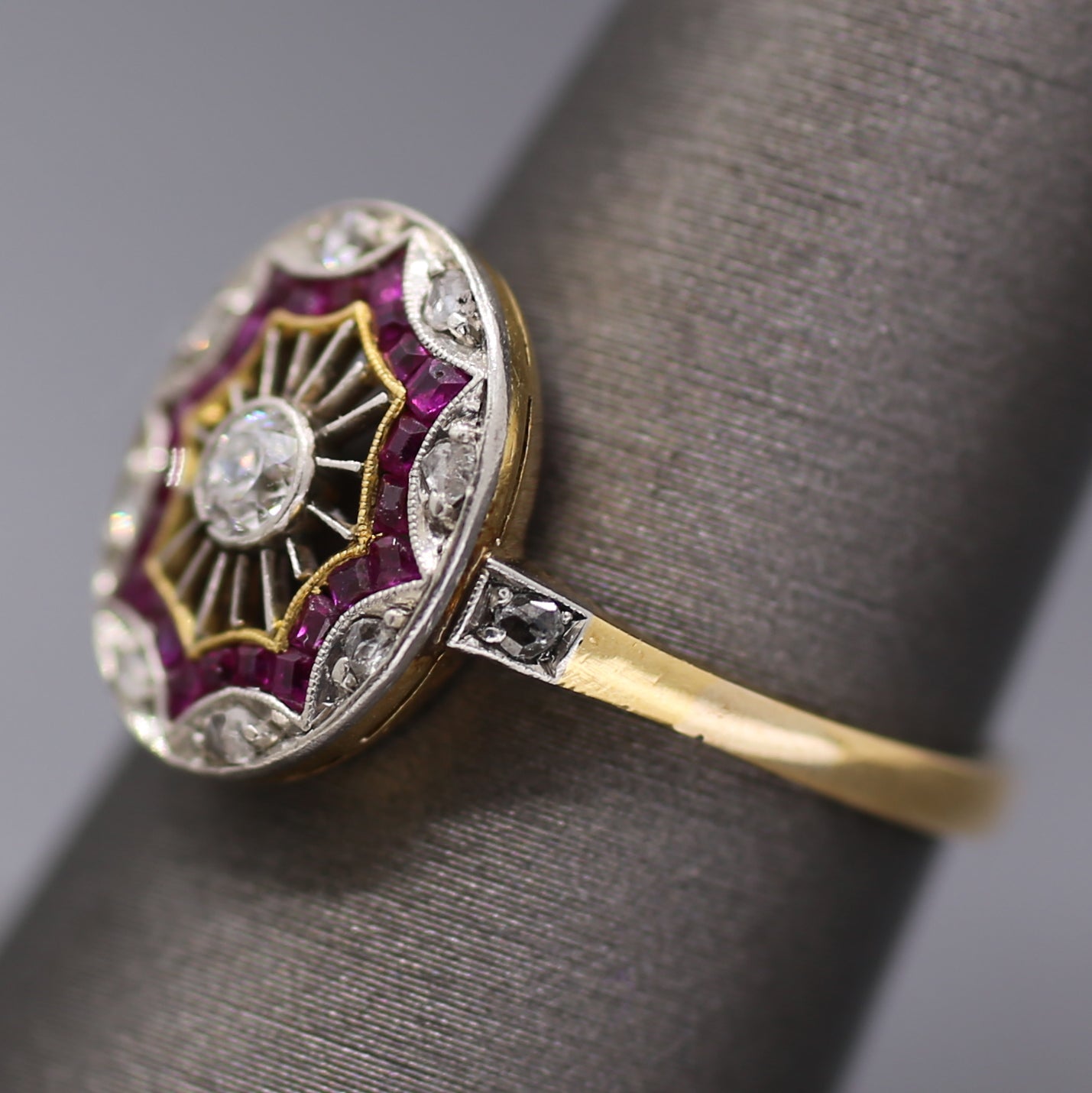 Edwardian Ruby and Old European Cut Diamond Wire Work Ring in 18k and Platinum