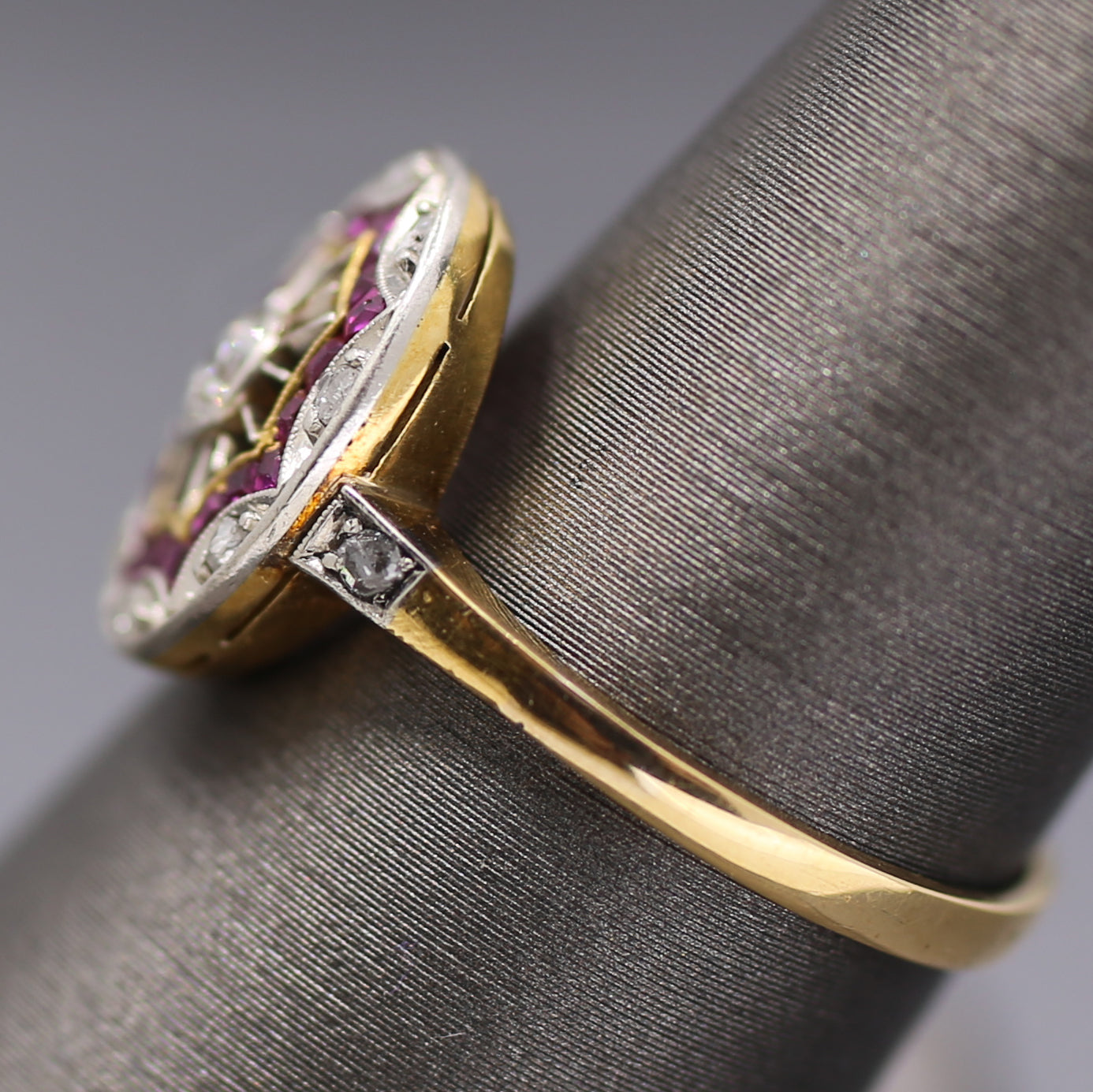 Edwardian Ruby and Old European Cut Diamond Wire Work Ring in 18k and Platinum