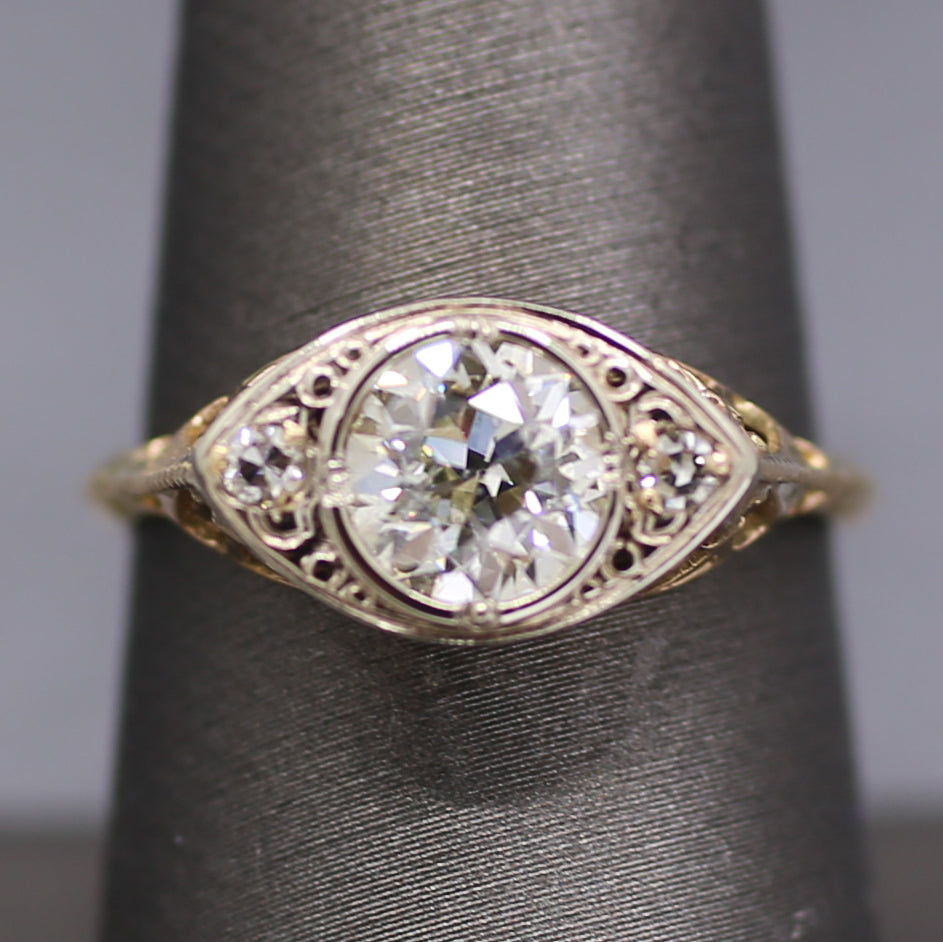Sparkling Edwardian Old European Cut Diamond Three Stone Ring in 14k White and Yellow Gold