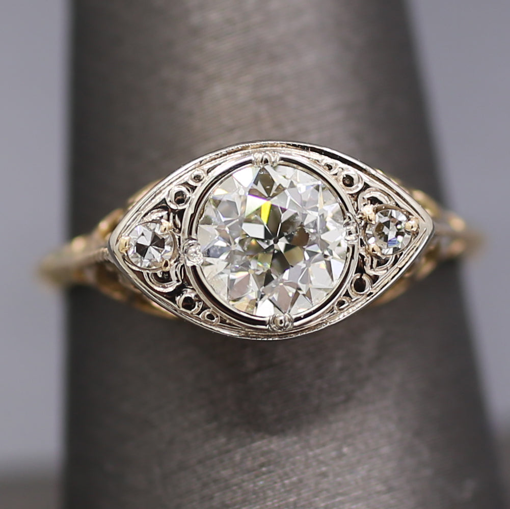 Sparkling Edwardian Old European Cut Diamond Three Stone Ring in 14k White and Yellow Gold