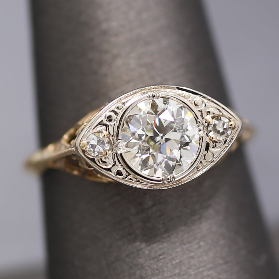 Sparkling Edwardian Old European Cut Diamond Three Stone Ring in 14k White and Yellow Gold