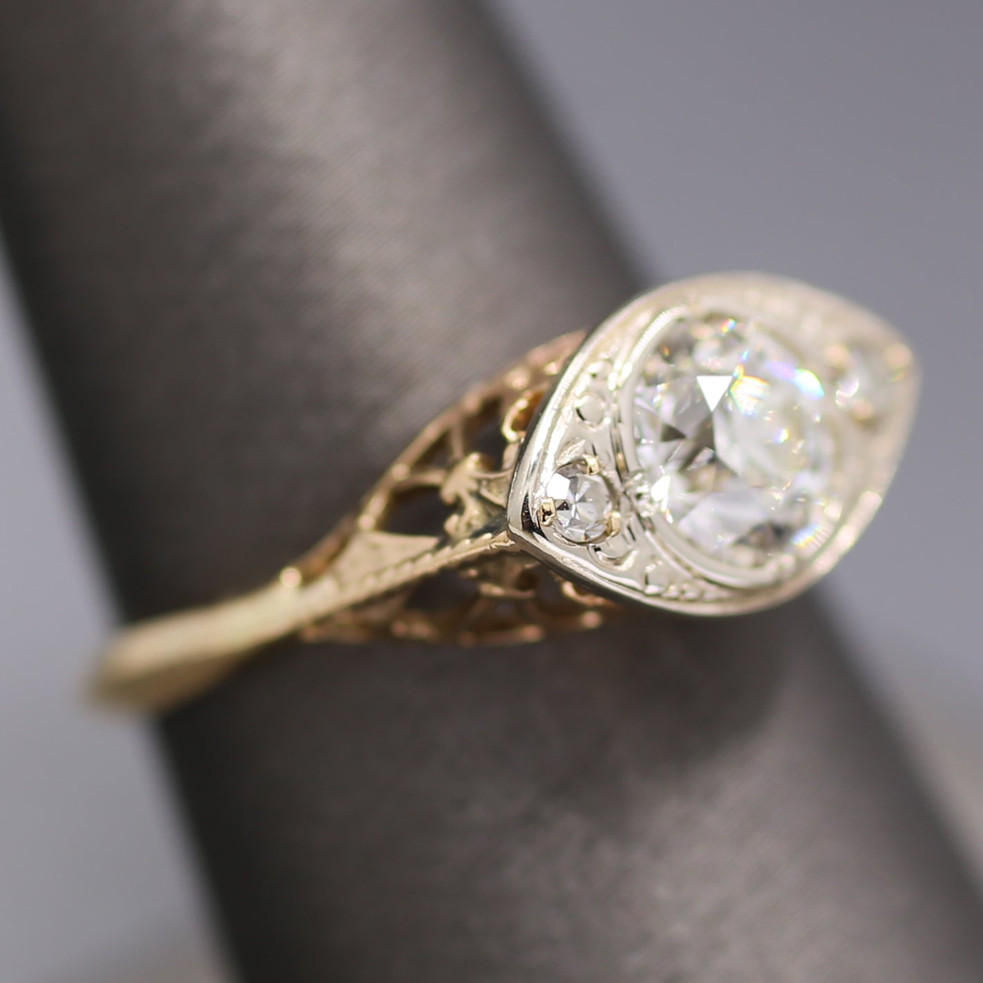 Sparkling Edwardian Old European Cut Diamond Three Stone Ring in 14k White and Yellow Gold
