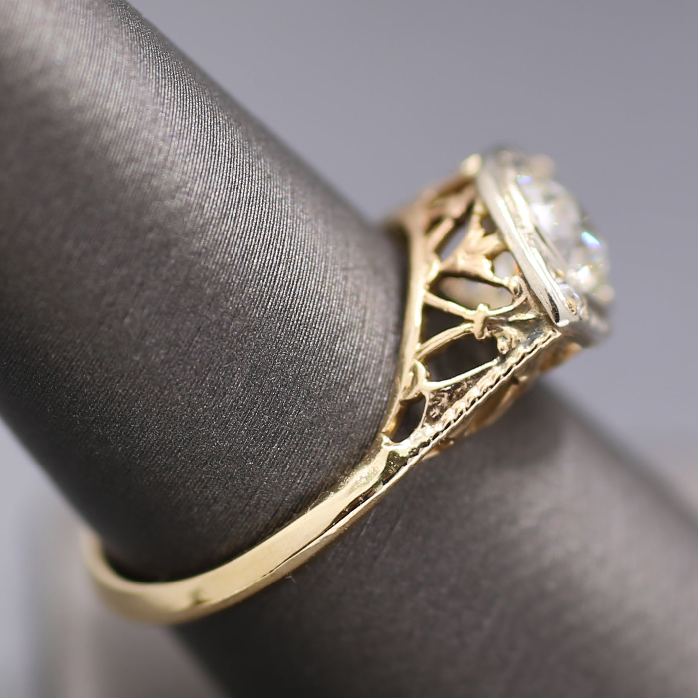 Sparkling Edwardian Old European Cut Diamond Three Stone Ring in 14k White and Yellow Gold