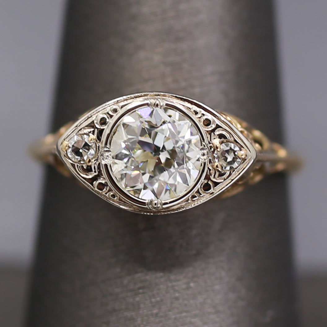 Sparkling Edwardian Old European Cut Diamond Three Stone Ring in 14k White and Yellow Gold