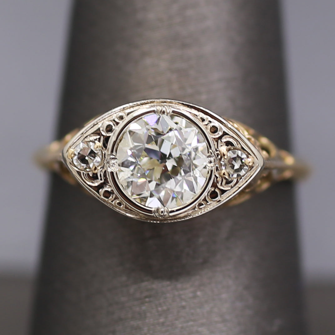 Sparkling Edwardian Old European Cut Diamond Three Stone Ring in 14k White and Yellow Gold