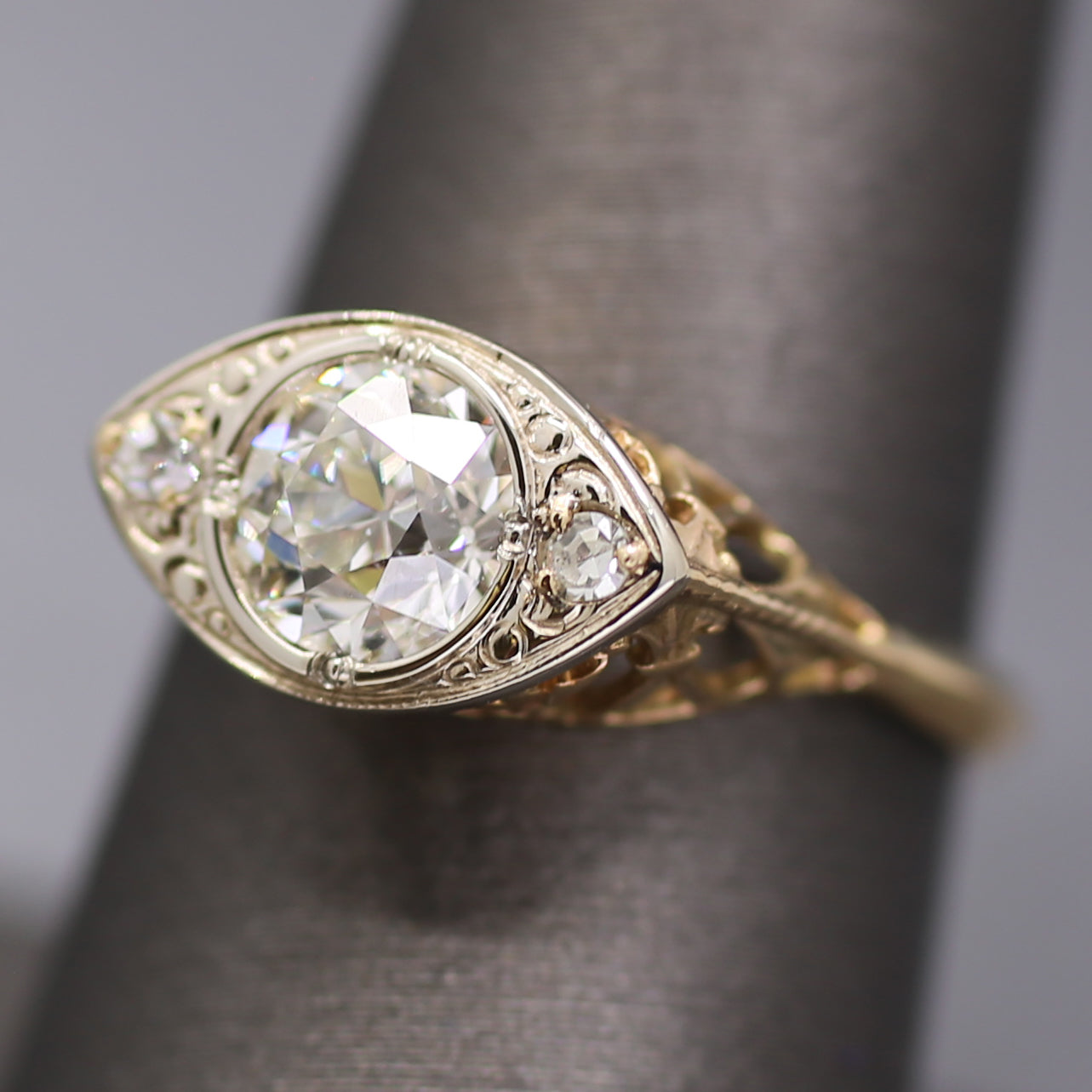 Sparkling Edwardian Old European Cut Diamond Three Stone Ring in 14k White and Yellow Gold