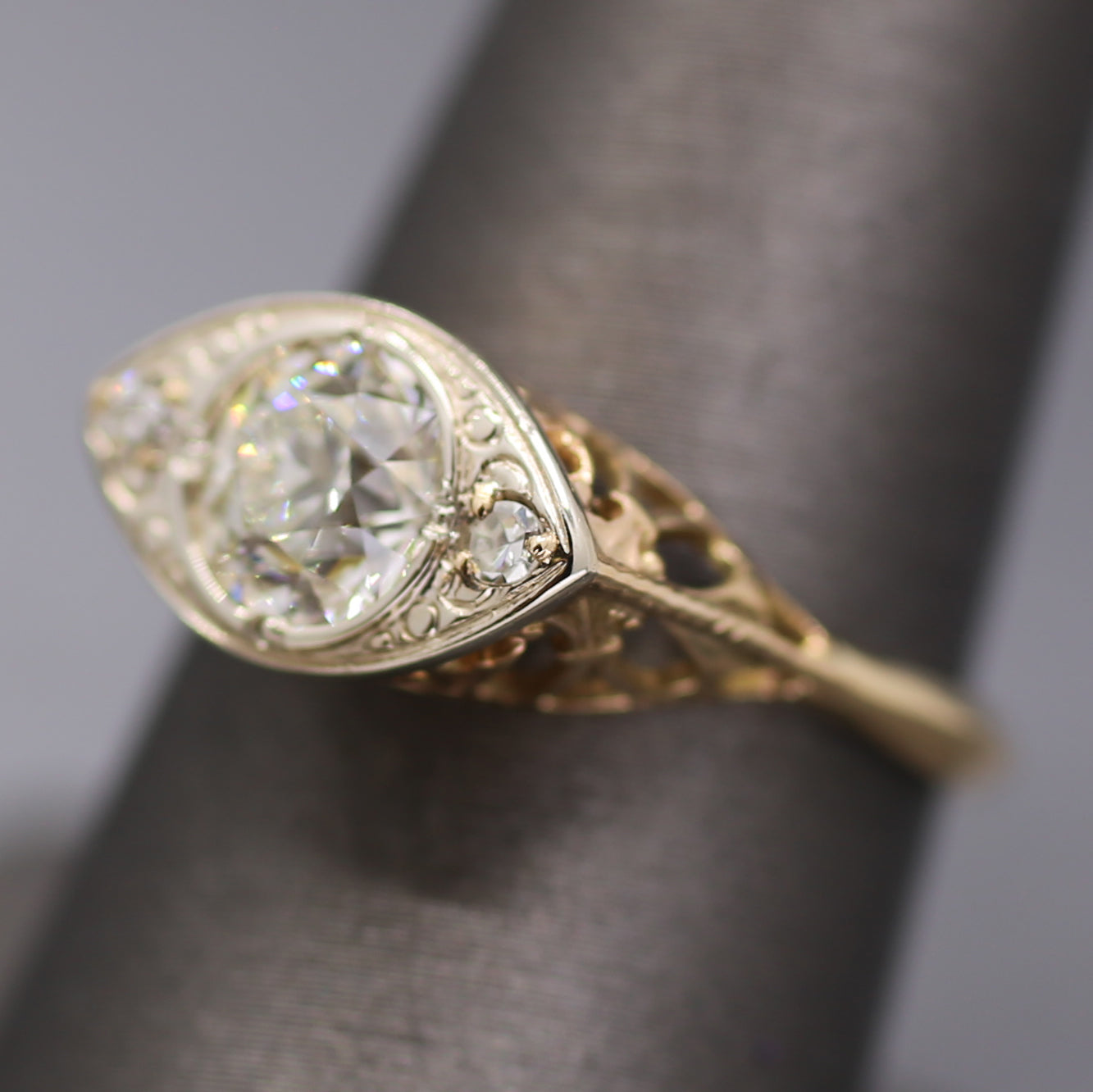Sparkling Edwardian Old European Cut Diamond Three Stone Ring in 14k White and Yellow Gold