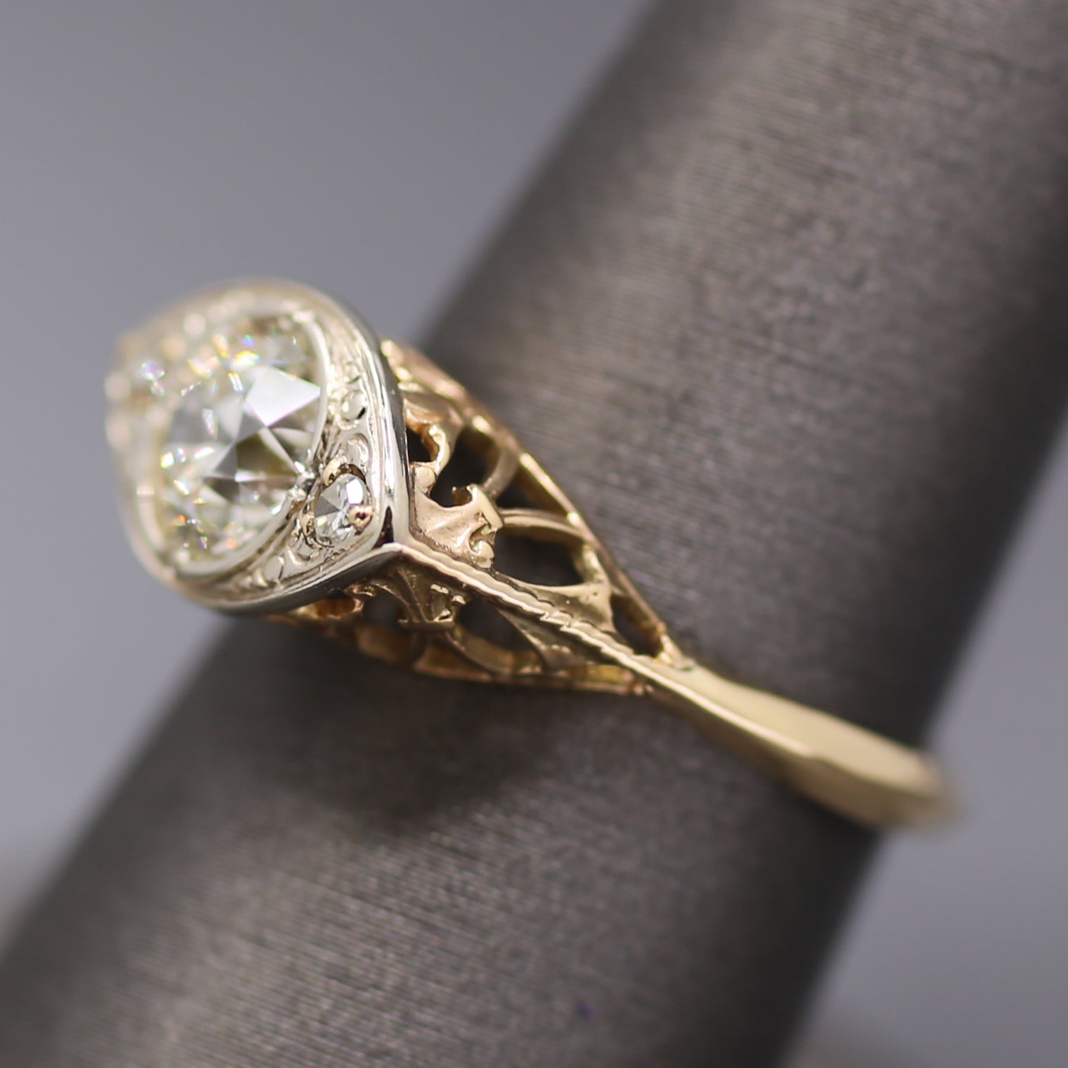 Sparkling Edwardian Old European Cut Diamond Three Stone Ring in 14k White and Yellow Gold