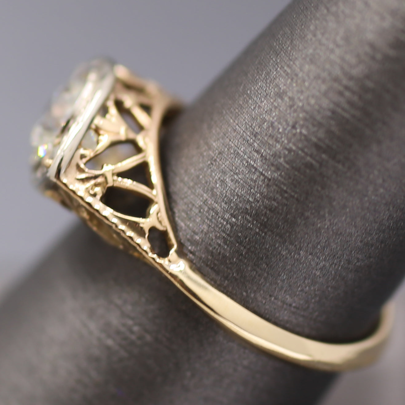 Sparkling Edwardian Old European Cut Diamond Three Stone Ring in 14k White and Yellow Gold