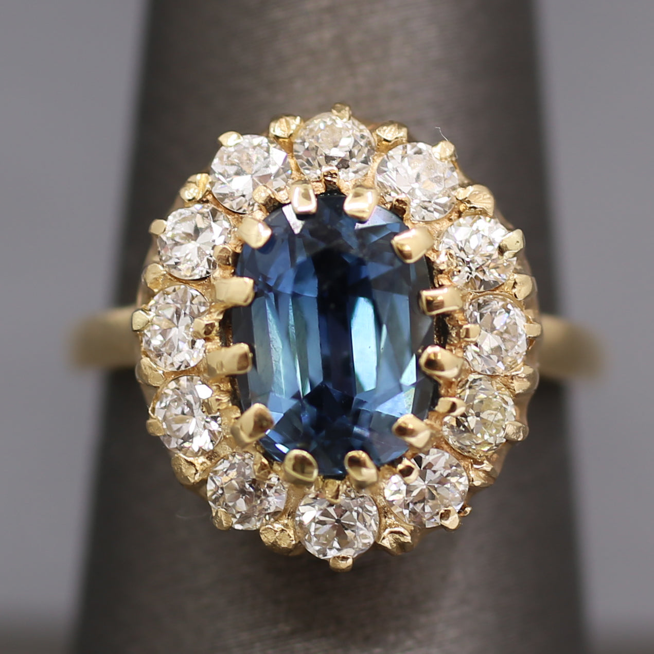 Antique Steely Blue Sapphire and Old European Cut Diamond Ring in 14k Yellow Gold