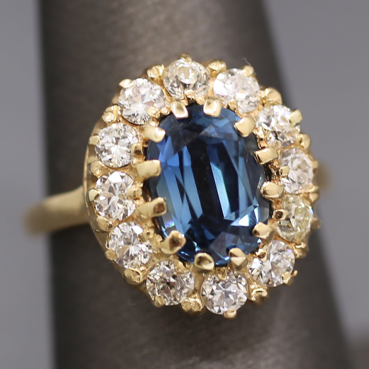 Antique Steely Blue Sapphire and Old European Cut Diamond Ring in 14k Yellow Gold