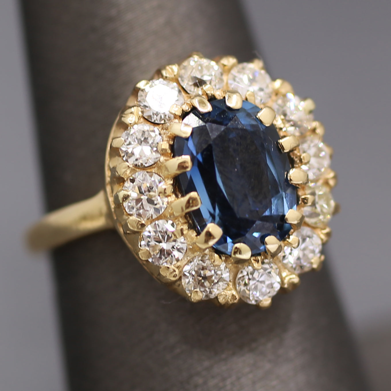 Antique Steely Blue Sapphire and Old European Cut Diamond Ring in 14k Yellow Gold