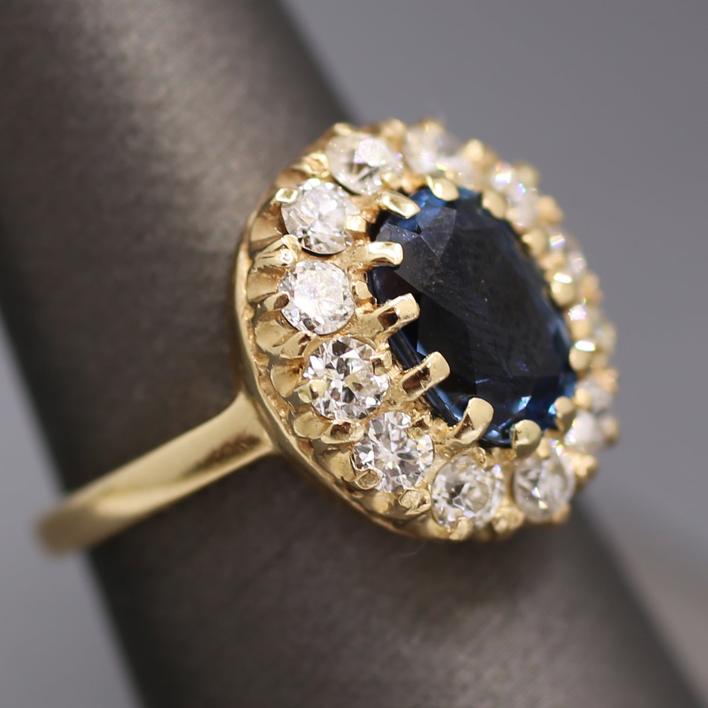 Antique Steely Blue Sapphire and Old European Cut Diamond Ring in 14k Yellow Gold