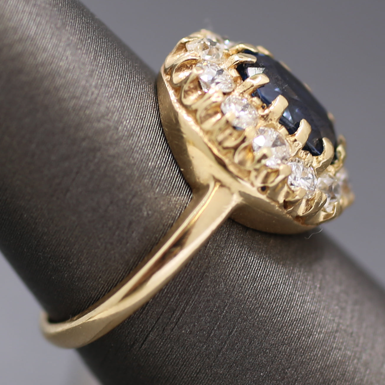Antique Steely Blue Sapphire and Old European Cut Diamond Ring in 14k Yellow Gold
