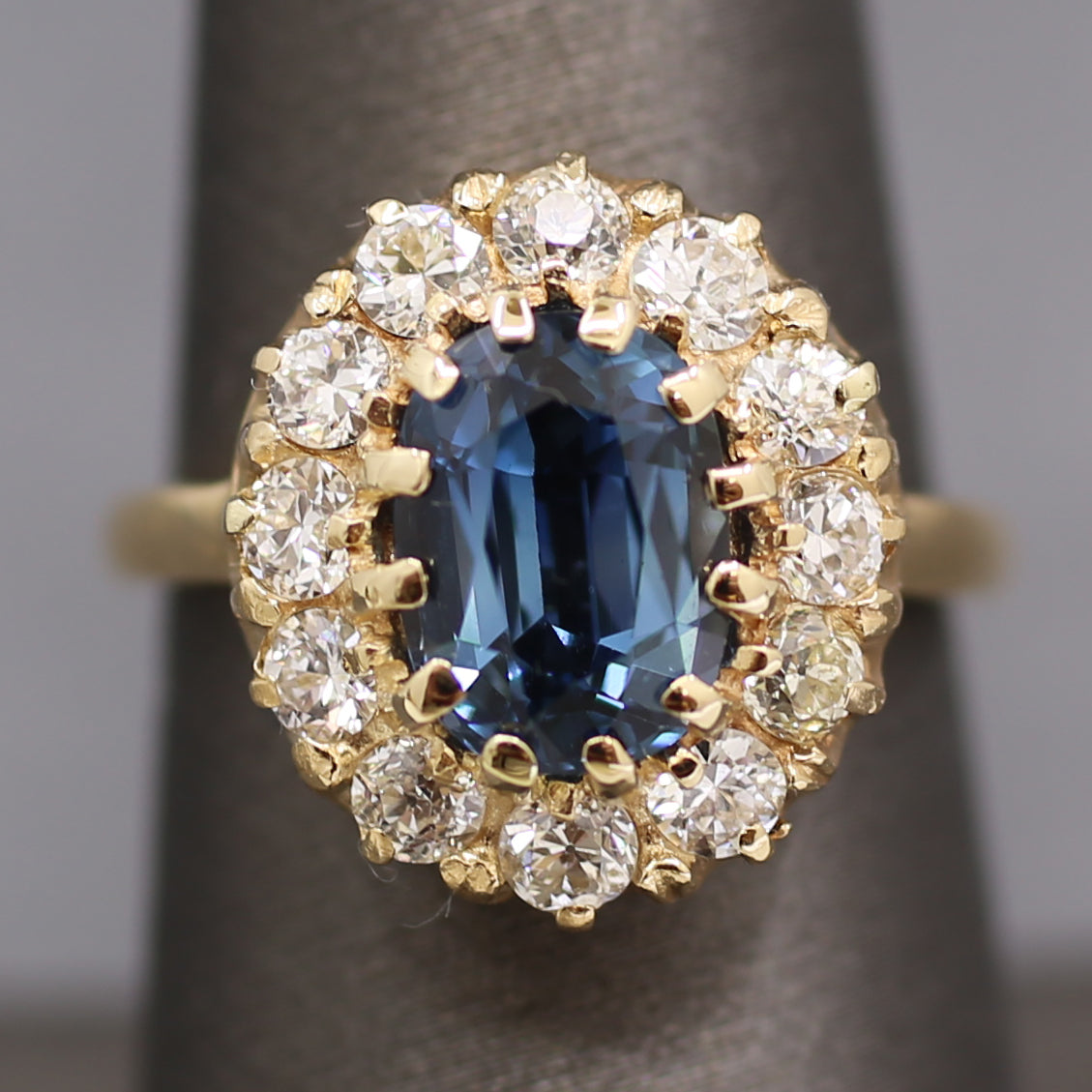 Antique Steely Blue Sapphire and Old European Cut Diamond Ring in 14k Yellow Gold