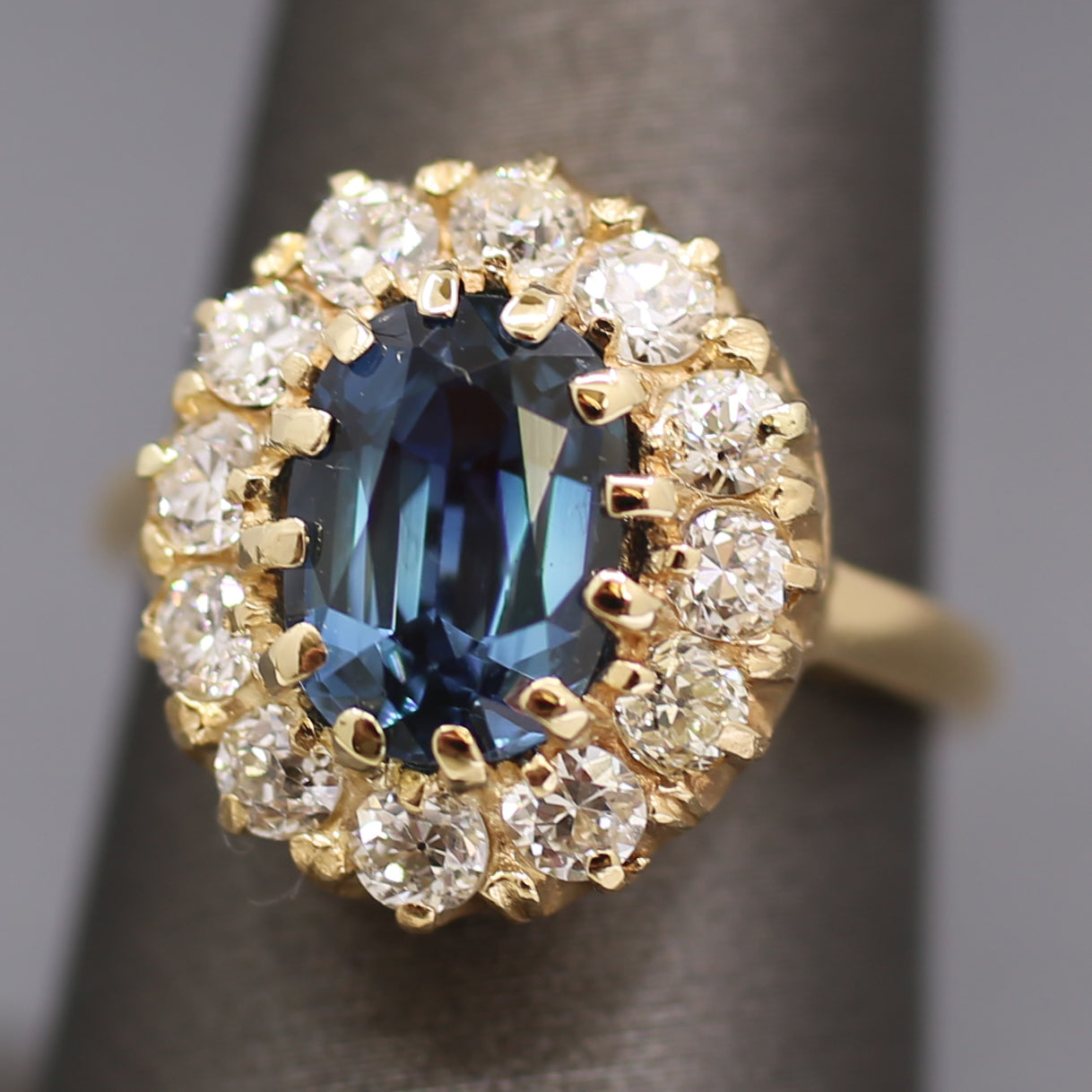 Antique Steely Blue Sapphire and Old European Cut Diamond Ring in 14k Yellow Gold