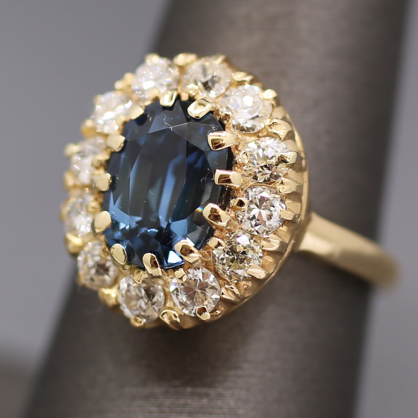Antique Steely Blue Sapphire and Old European Cut Diamond Ring in 14k Yellow Gold