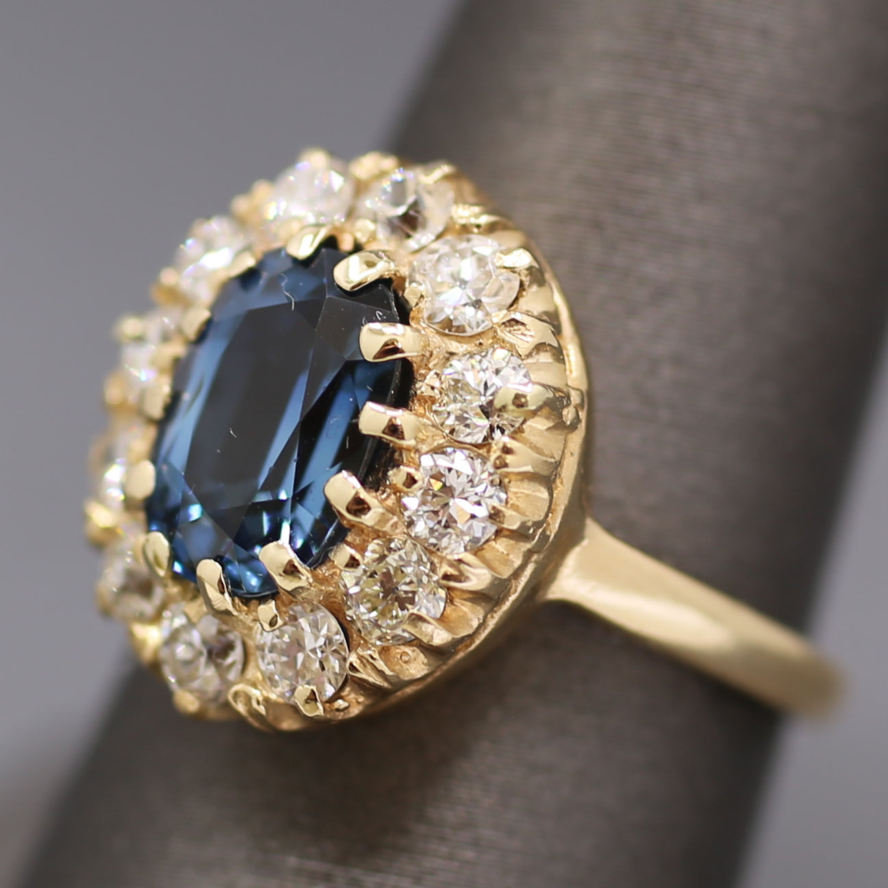 Antique Steely Blue Sapphire and Old European Cut Diamond Ring in 14k Yellow Gold