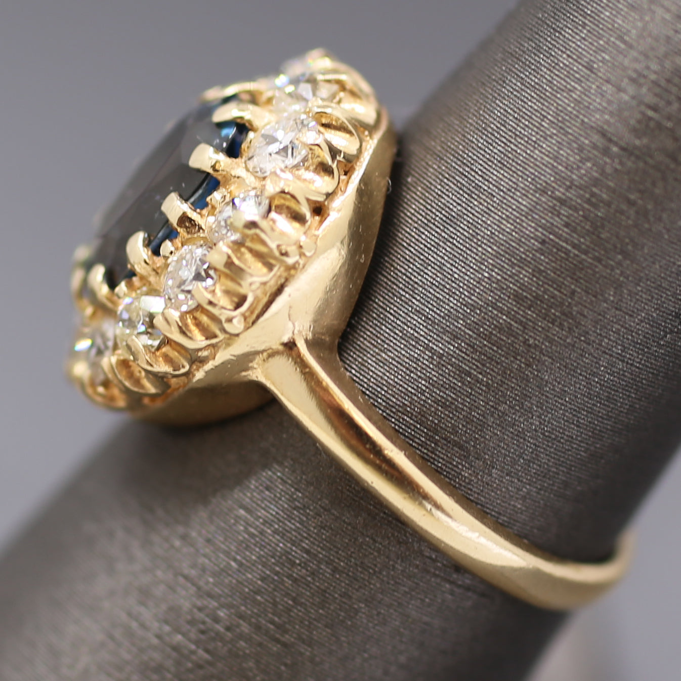 Antique Steely Blue Sapphire and Old European Cut Diamond Ring in 14k Yellow Gold
