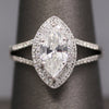 Sparkly GIA Certified Marquise Cut Diamond Halo Split Shank Engagement Ring in 18k White Gold