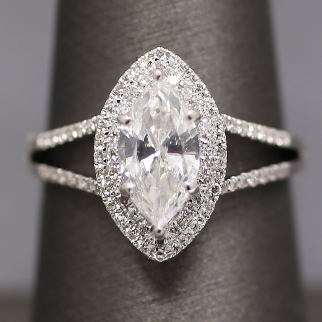 Sparkly GIA Certified Marquise Cut Diamond Halo Split Shank Engagement Ring in 18k White Gold